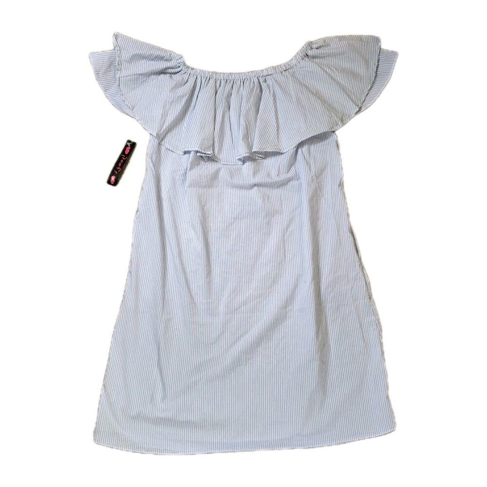 Poof Light Blue White Striped Off Shoulder Dress Women S Ruffle Knee Length NWT
